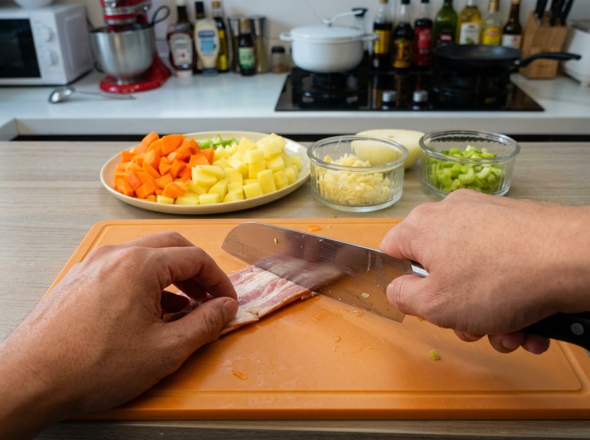 Hands using a chefs knife to slice raw bacon strips into small pieces on an orange cutting board, with plates of prepped vegetables in the background.