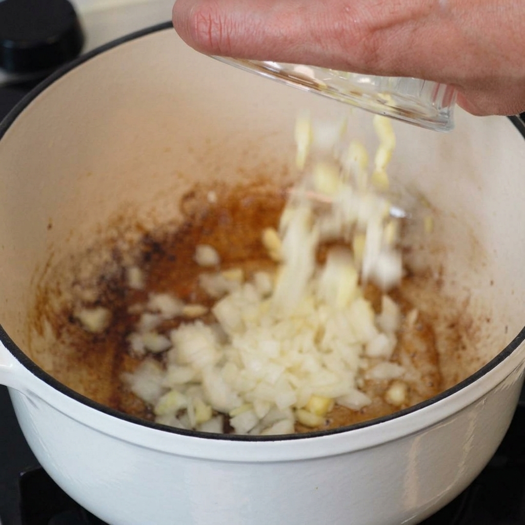 A hand pouring a bowl of chopped onions and minced garlic into a white pot containing browned bacon fat.
