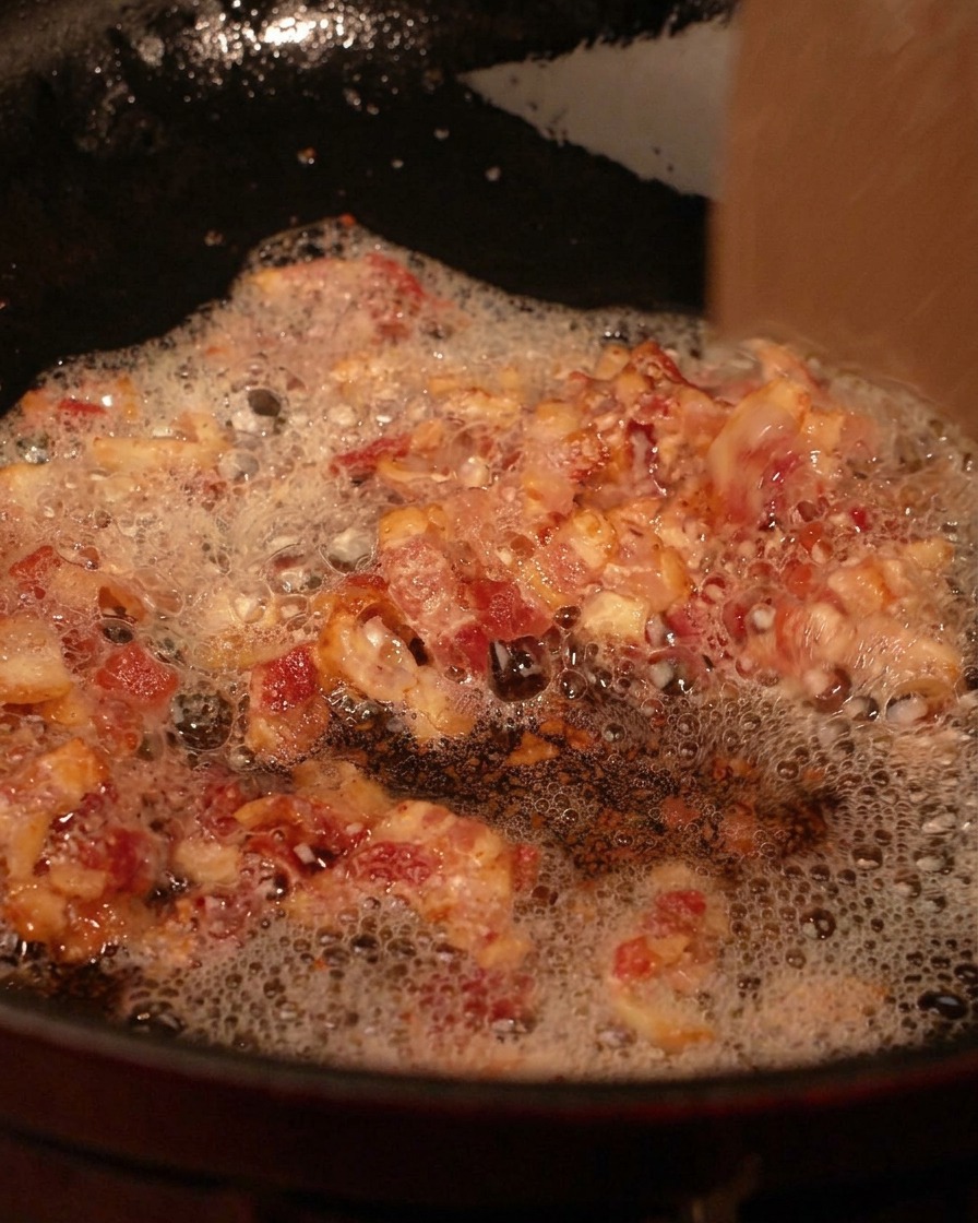 Crispy bacon bits bubbling in rendered fat inside a black pan, being scooped out with a wooden skimmer.