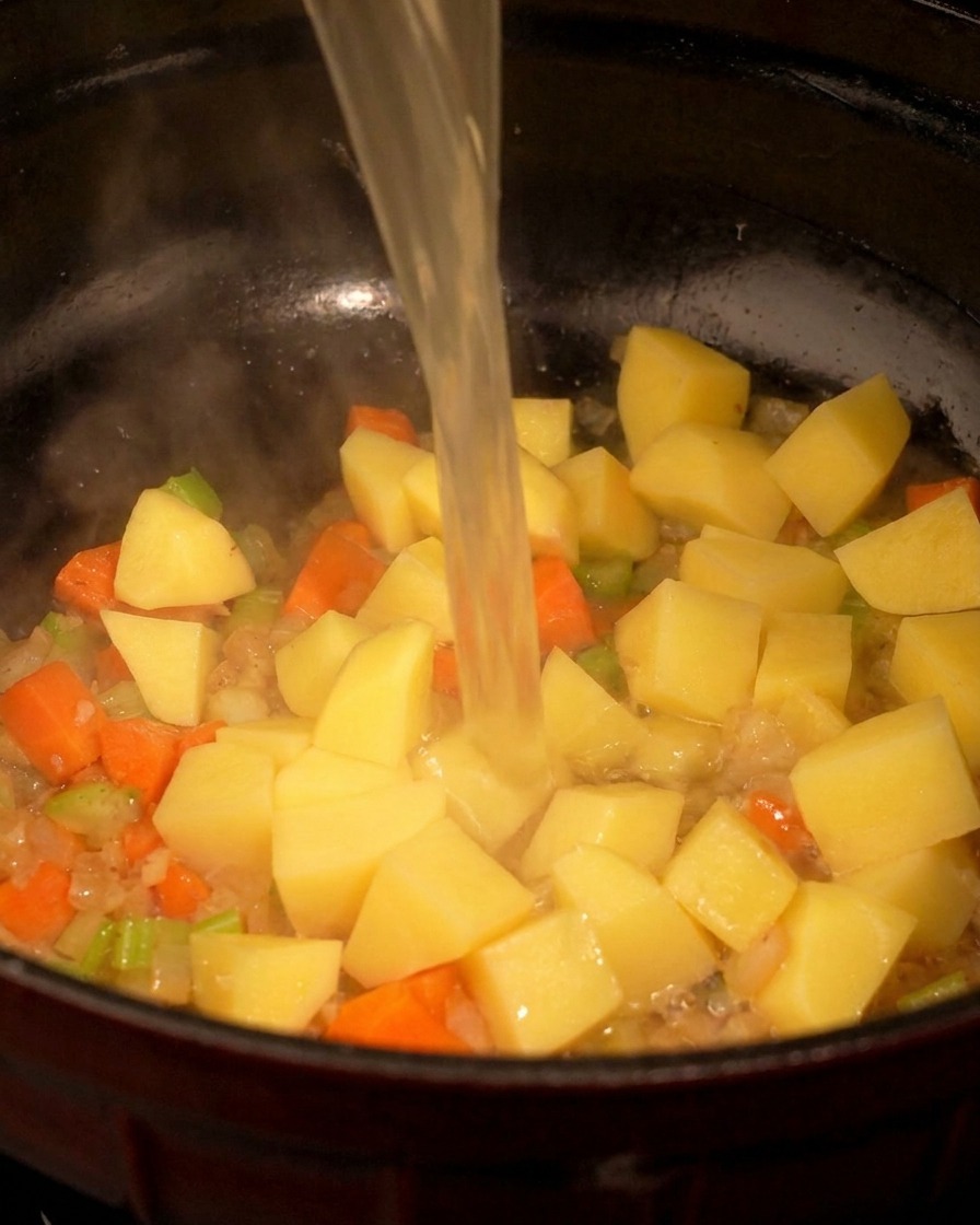 Clear chicken broth being poured into a black pot filled with diced potatoes, carrots, celery, and onions.