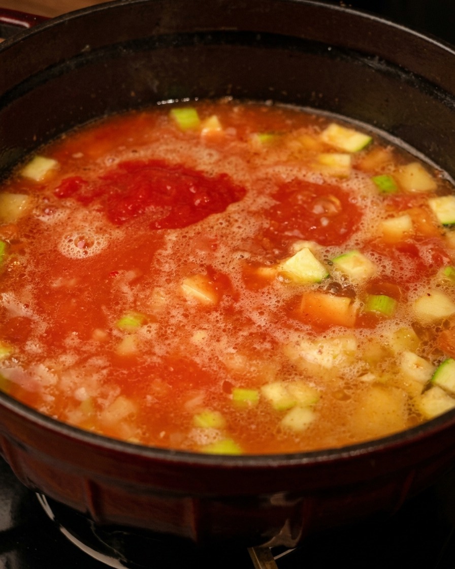 A dollop of blended red tomato puree resting on top of a pot filled with chicken broth and diced vegetables.