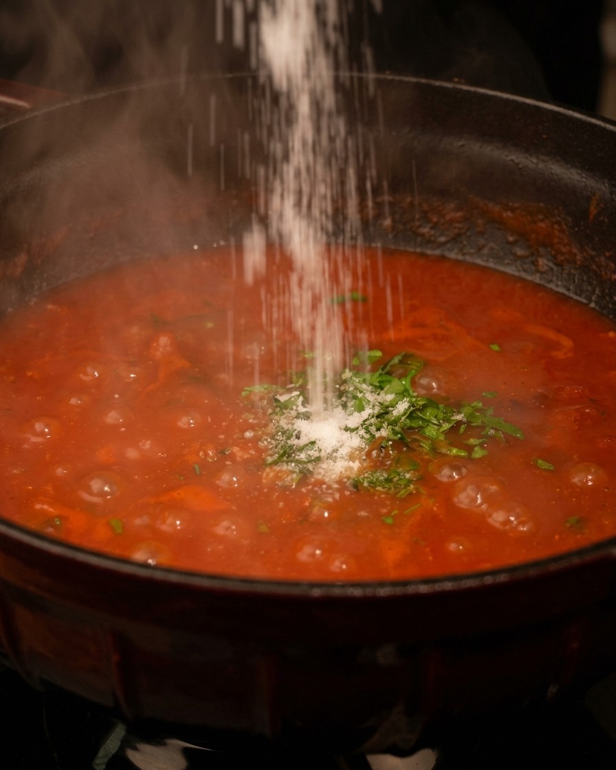 Salt being sprinkled from above into a steaming pot of red tomato soup garnished with fresh green herbs.