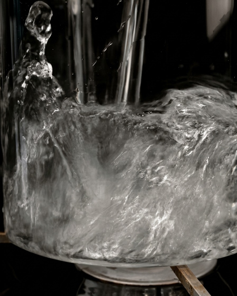 Water splashing into a clear glass pot against a dark background, showing high motion and bubbles.