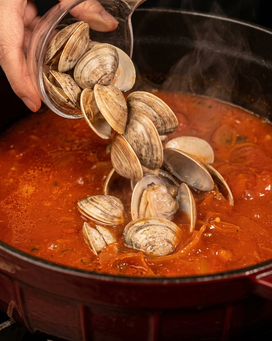 A hand pouring cooked clams in their shells from a clear glass vessel into a vibrant red, simmering tomato-based chowder in a large cast-iron pot.