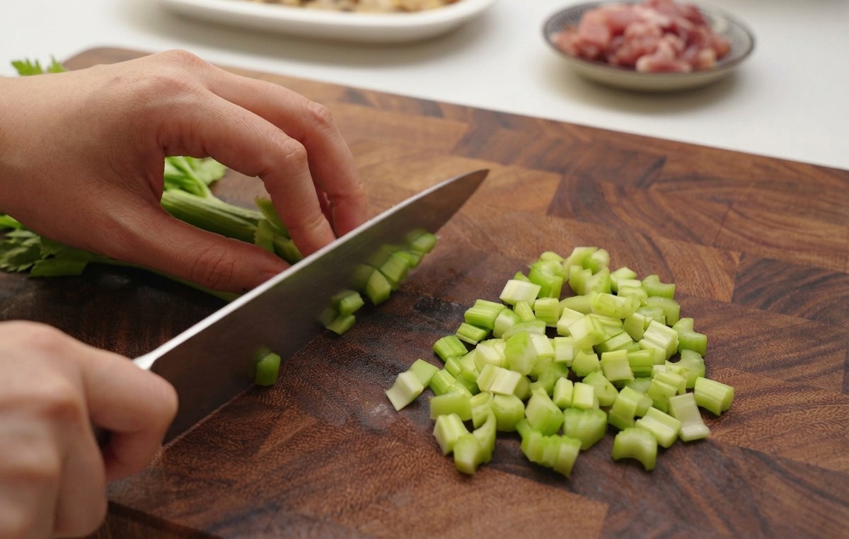 A persons hands chopping crisp green celery stalks into fine dice on a wooden board.