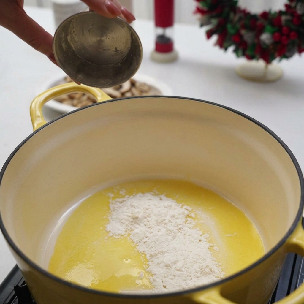 Flour being added from a small metal cup into melted butter in a yellow pot to create a roux.