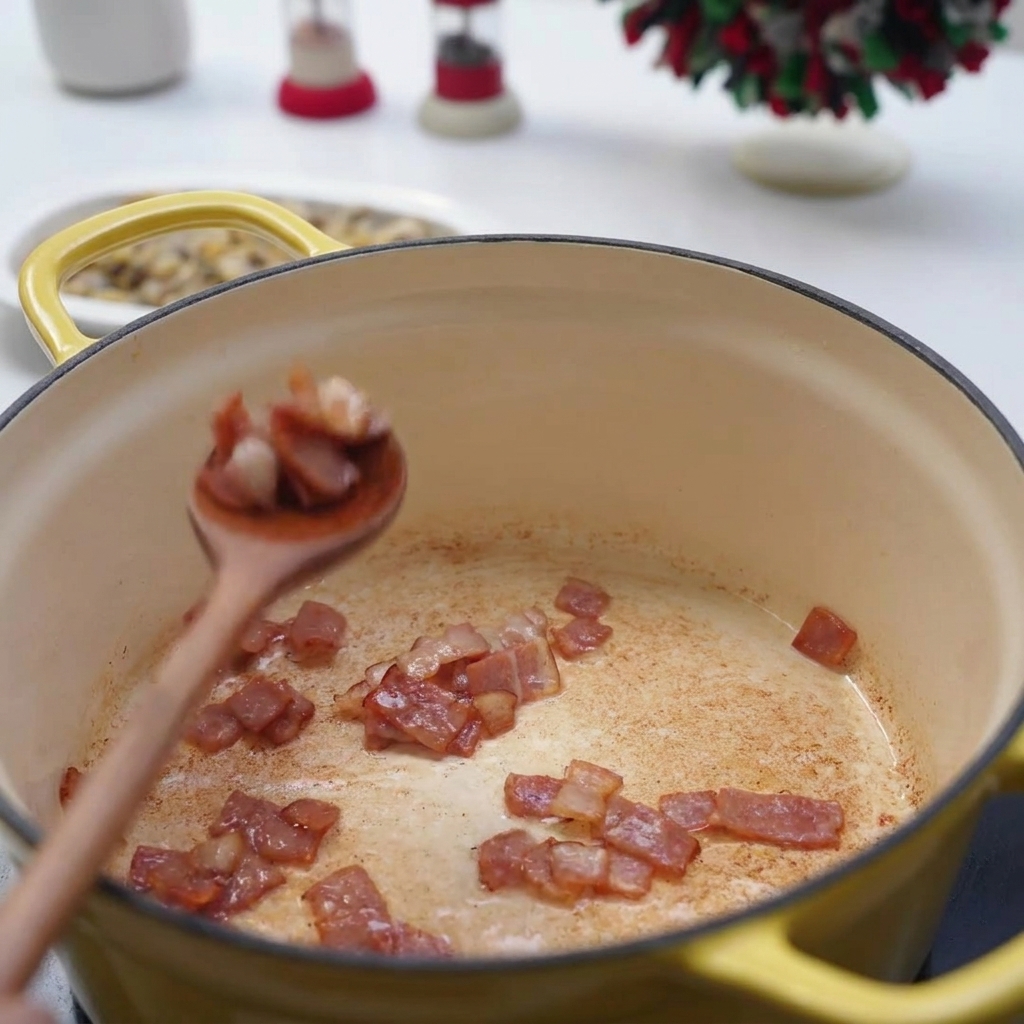 A wooden spoon lifting crispy fried bacon pieces out of a yellow pot, leaving some behind.