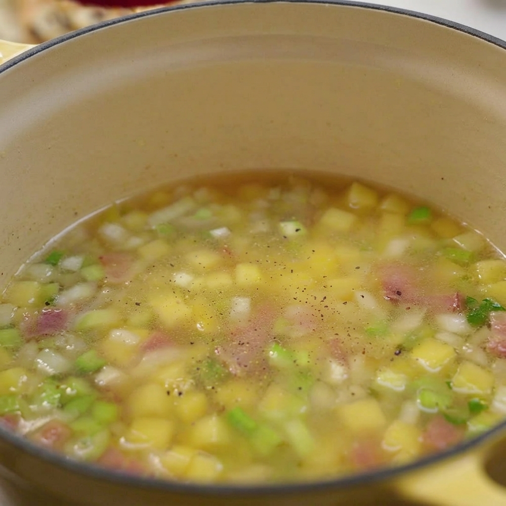 Simmering broth with diced potatoes, celery, and bacon, speckled with freshly ground black pepper in a yellow pot.