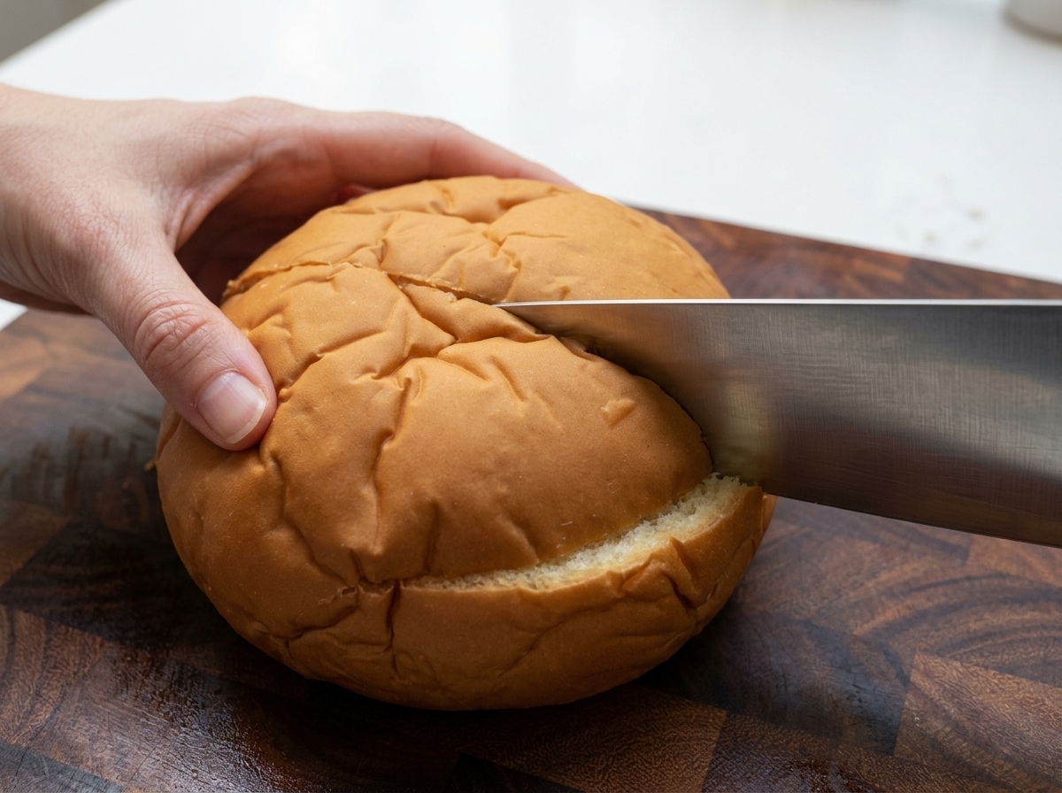 A persons hand using a knife to slice the top off a round loaf of bread on a dark wooden cutting board.