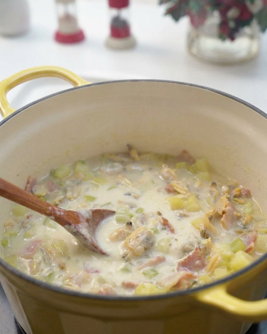 A smooth, thick white sauce being poured in a steady stream into a pot of simmering chowder base.