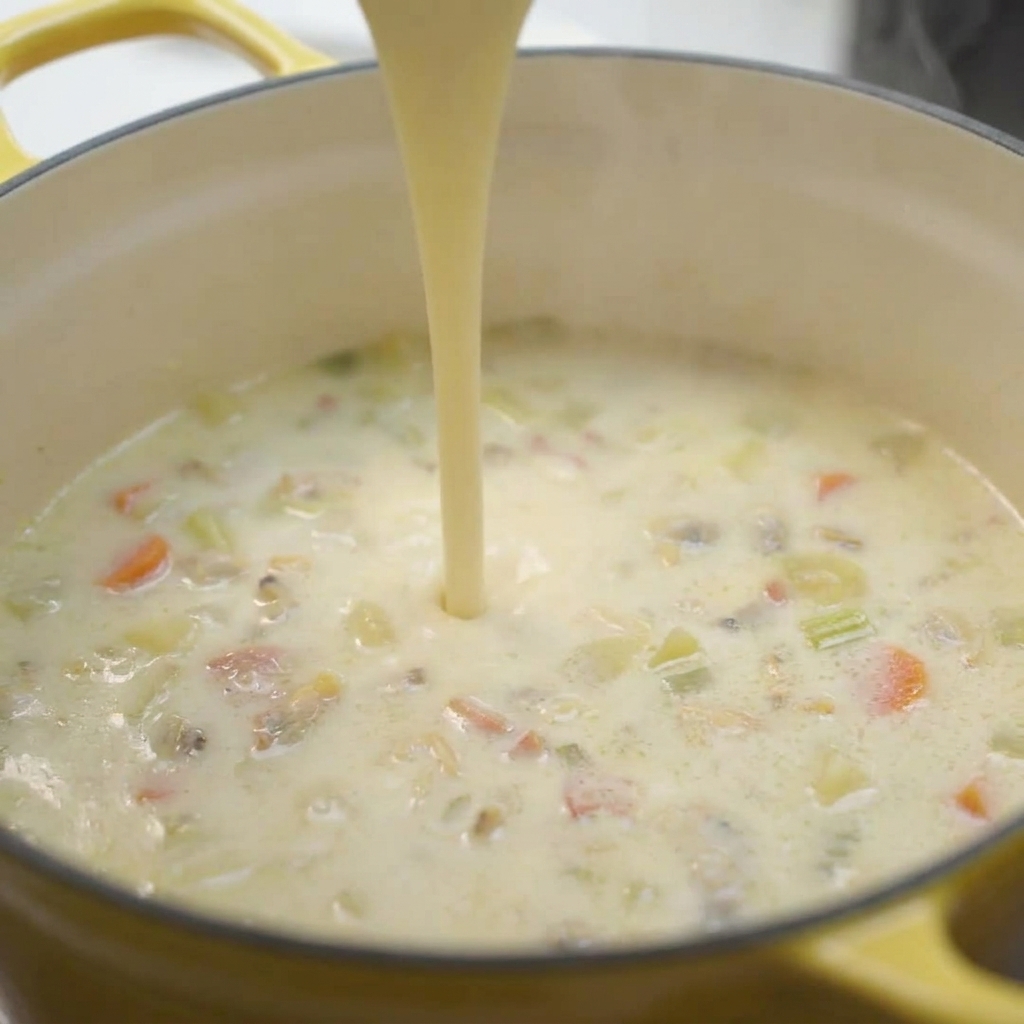 A wooden spoon stirring a thick, creamy clam chowder with visible pieces of clam, bacon, and potatoes.