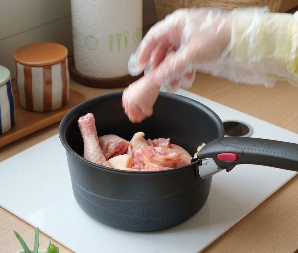 A gloved hand placing raw chicken drumsticks into a black cooking pot.