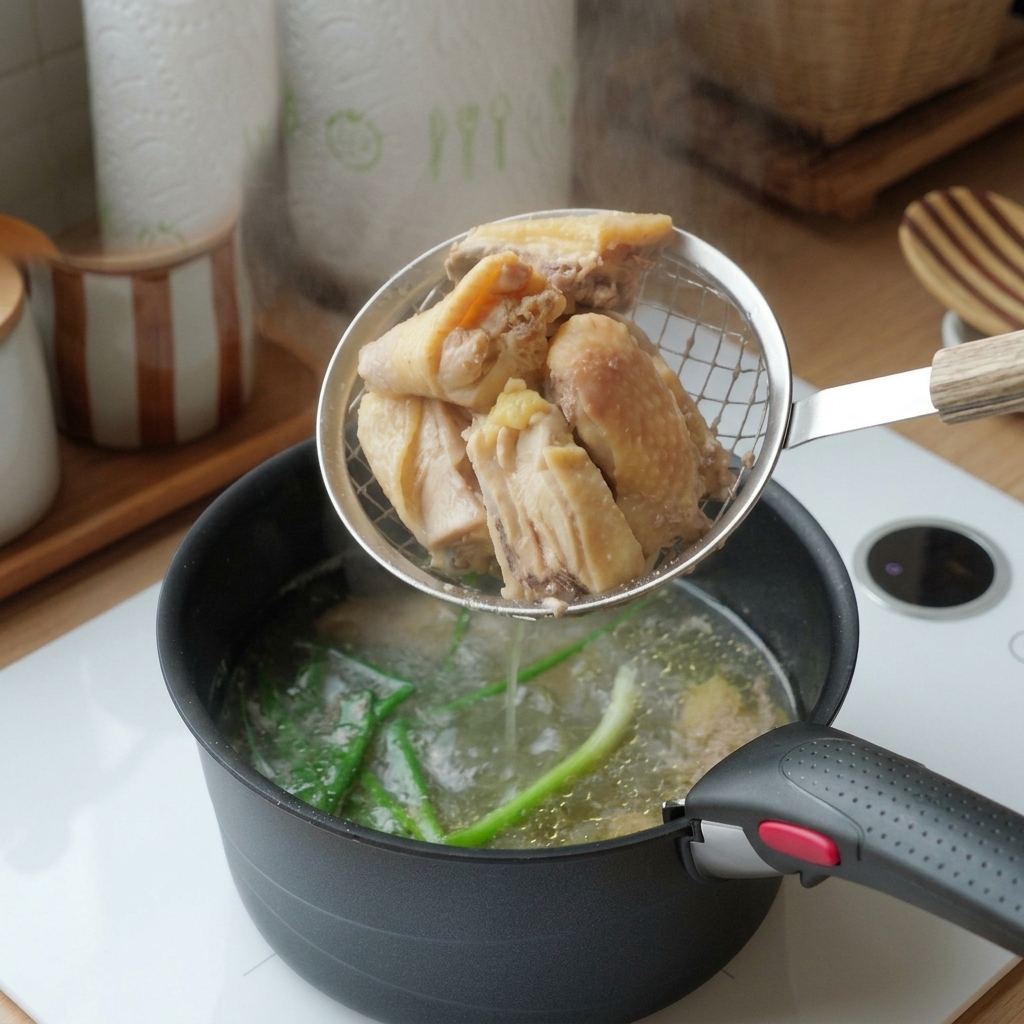 A metal wire strainer scooping blanched chicken pieces out of a pot of boiling water.