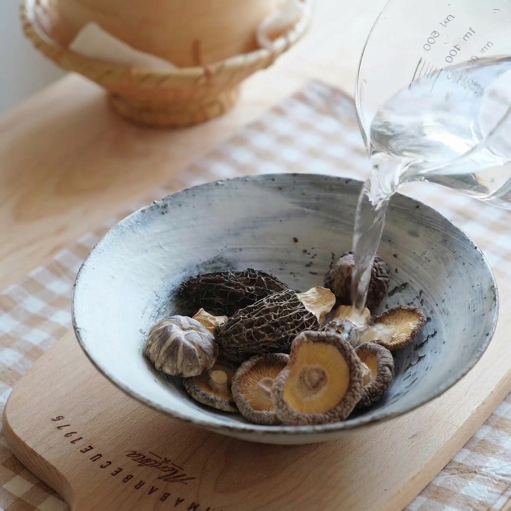 Water pouring from a glass measuring cup into a bowl filled with dried morel and shiitake mushrooms.