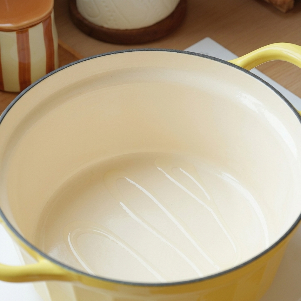 A heated yellow cast iron pot with a thin layer of cooking oil at the bottom.