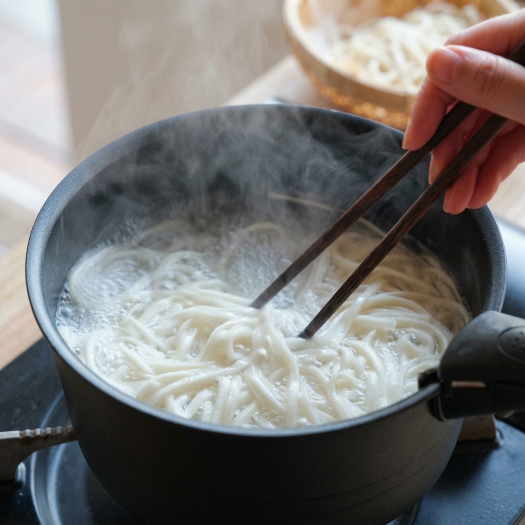 White noodles boiling in a black pot, being gently stirred with wooden chopsticks.