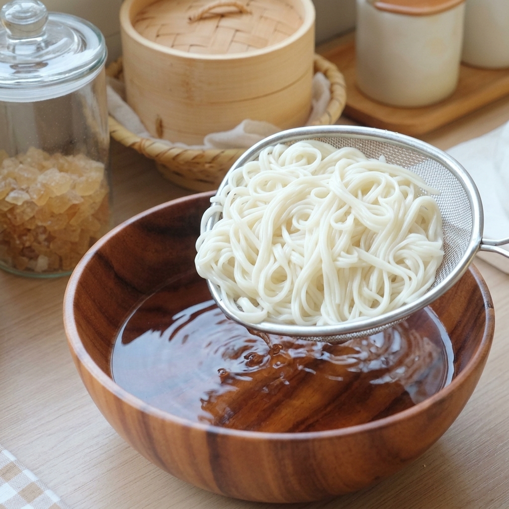 Cooked white noodles being lifted from water using a large metal mesh strainer.