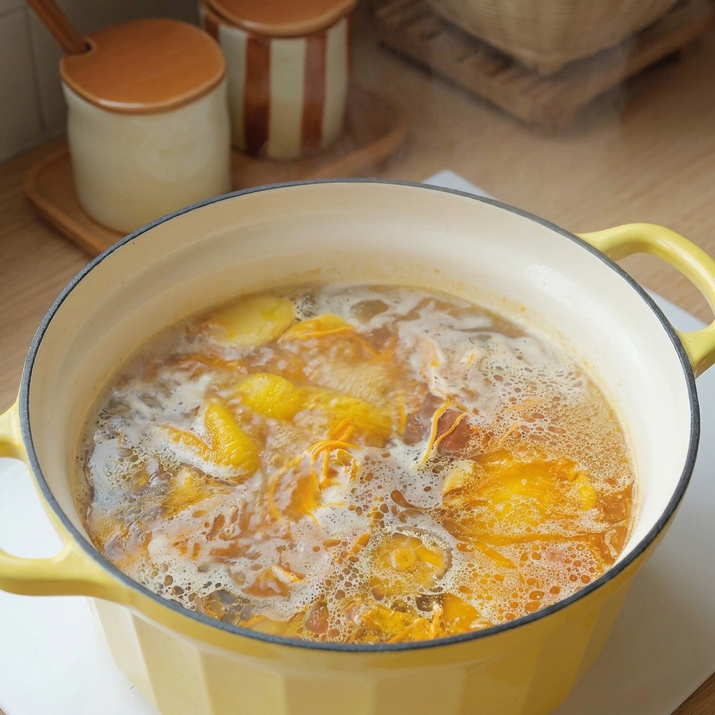 Golden chicken and mushroom broth bubbling vigorously in a yellow cast iron pot.