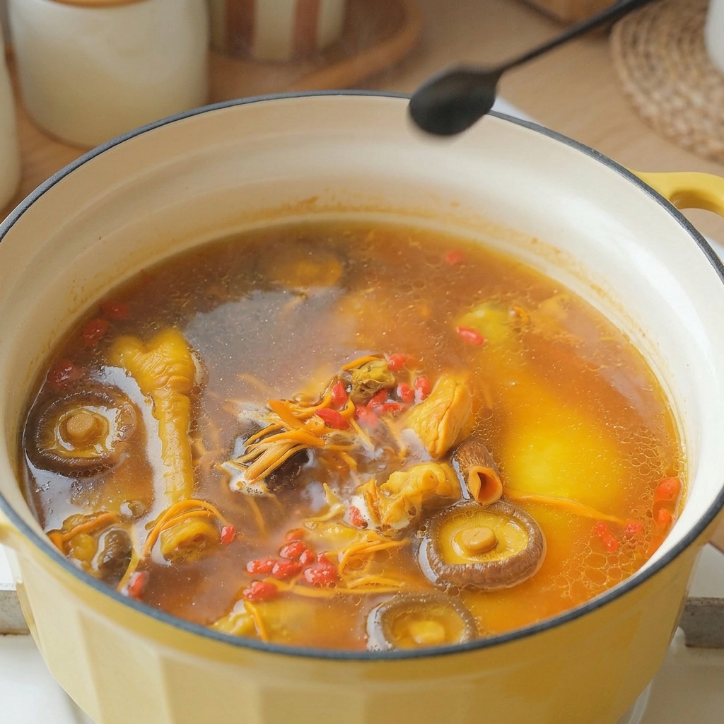 A small black spoon sprinkling white salt into a pot of golden chicken and mushroom soup.