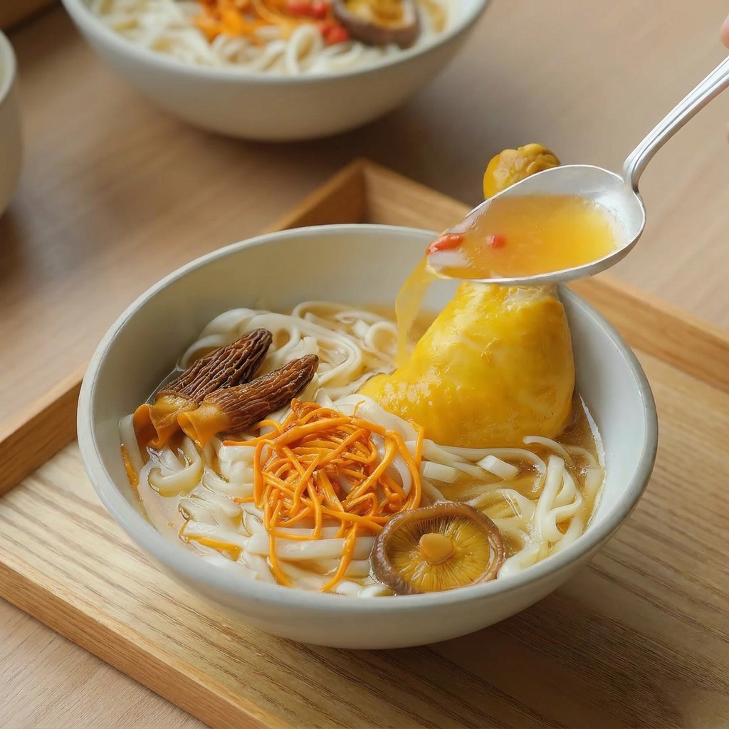 A metal spoon pouring hot golden chicken broth over noodles, a chicken leg, and mushrooms in a white ceramic bowl.