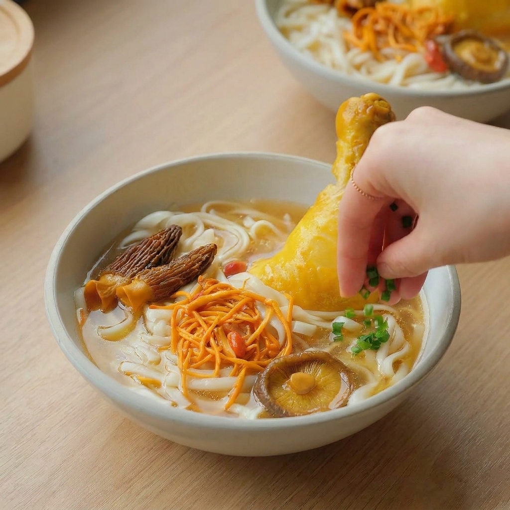 A hand sprinkling freshly chopped green scallions over a steaming bowl of chicken and mushroom noodle soup.