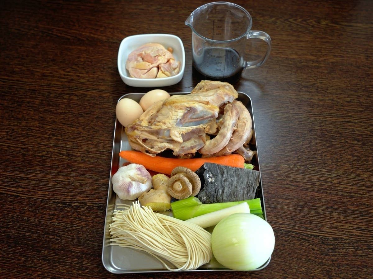 A tray displaying a blanched chicken carcass, fresh vegetables, aromatics, raw noodles, and eggs, alongside a measuring cup of dark soy sauce.