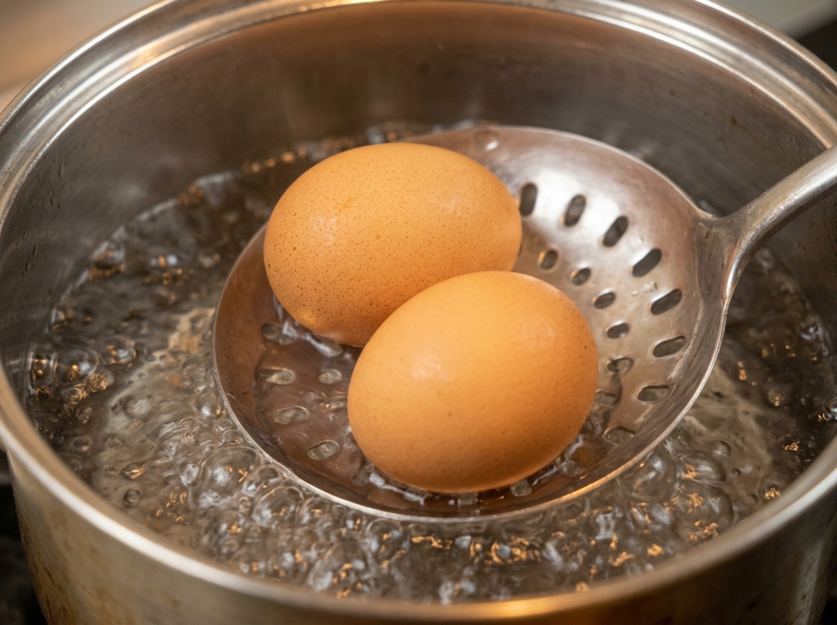 Two whole brown eggs sitting in a metal slotted spoon, held just above a pot of actively bubbling hot water.