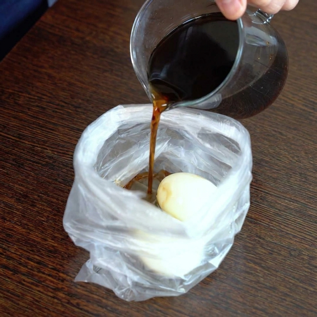 A dark, rich soy sauce marinade being poured from a glass pitcher into a clear plastic bag containing two peeled soft-boiled eggs.