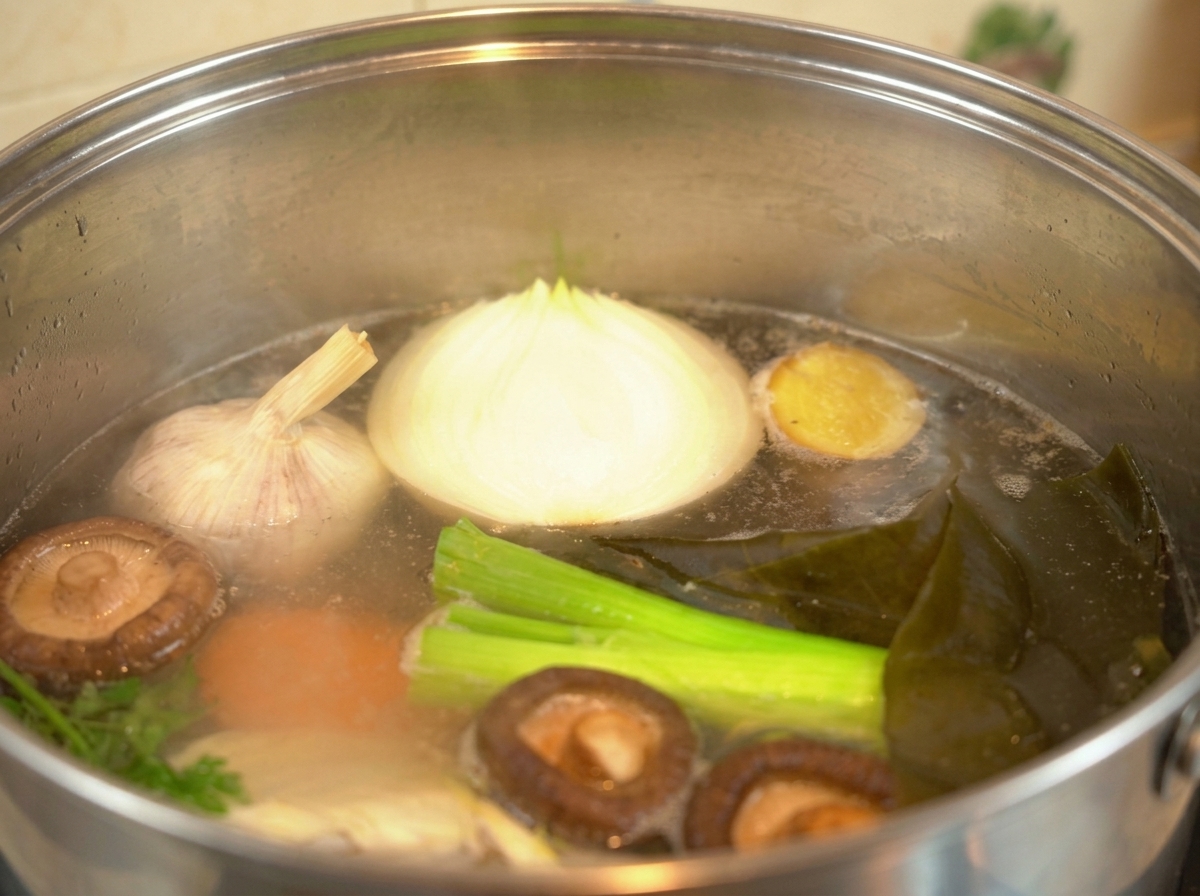 A stainless steel pot filled with a gently simmering clear chicken broth, showing half a white onion, whole shiitake mushrooms, kombu, and leeks floating on the surface.