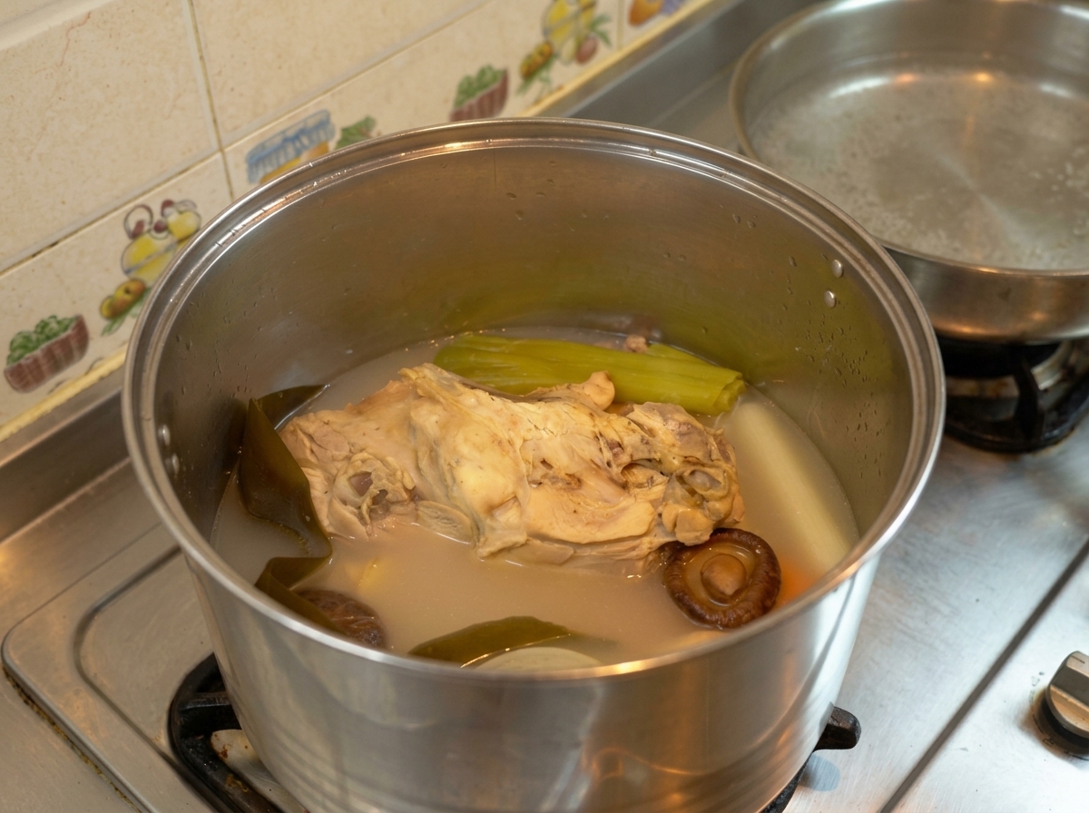 A large metal pot containing a rich, slightly reduced chicken broth with a chicken carcass, kombu, carrots, and aromatics resting inside.