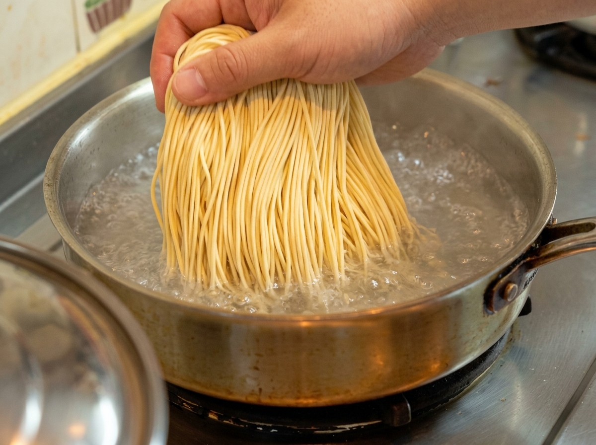 A hand dropping a bundle of fresh raw ramen noodles into a pot of rapidly boiling water.