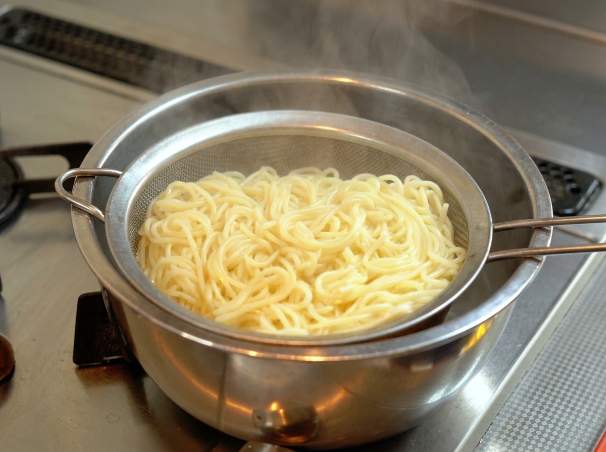 Cooked ramen noodles being lifted and drained in a wire mesh strainer held over a steaming pot of water.