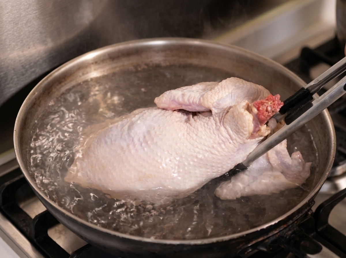 A whole chicken being dipped into a pan of boiling water with metal tongs.