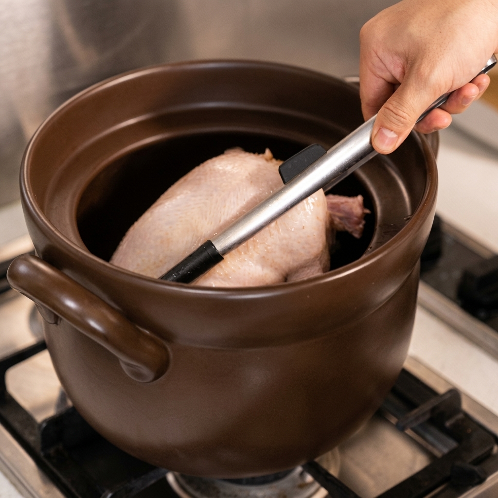 A hand using tongs to carefully lower a blanched whole chicken into a brown ceramic pot.