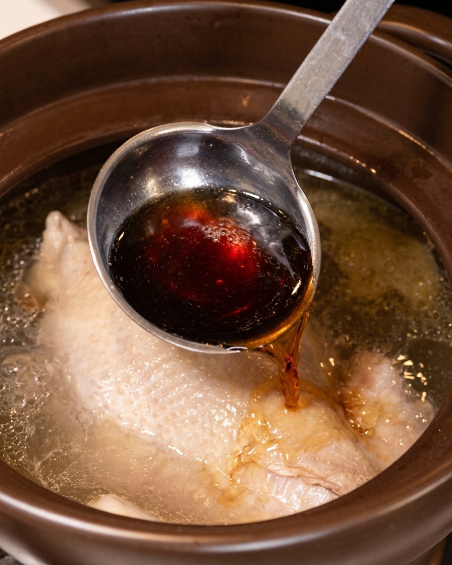 Dark yellow cooking wine being poured from a metal ladle over a simmering whole chicken in broth.