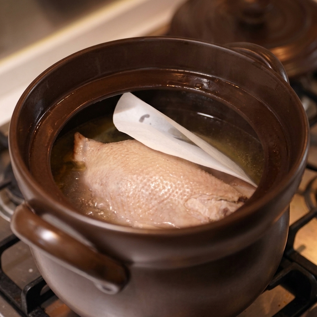 A folded white oil-absorbing sheet floating on the surface of chicken broth inside a brown ceramic pot.