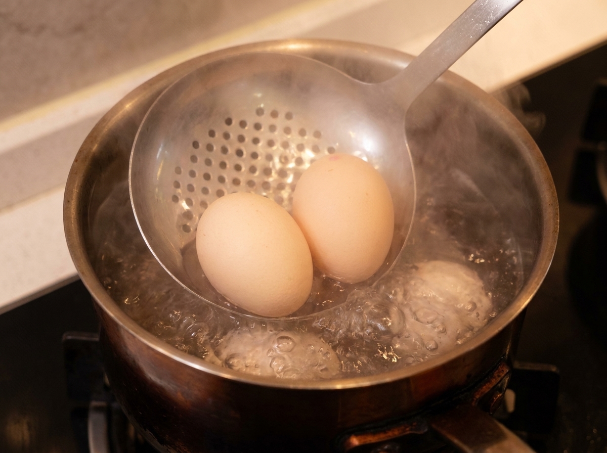 A slotted spoon gently lowering two whole unpeeled eggs into a pot of rapidly boiling water.