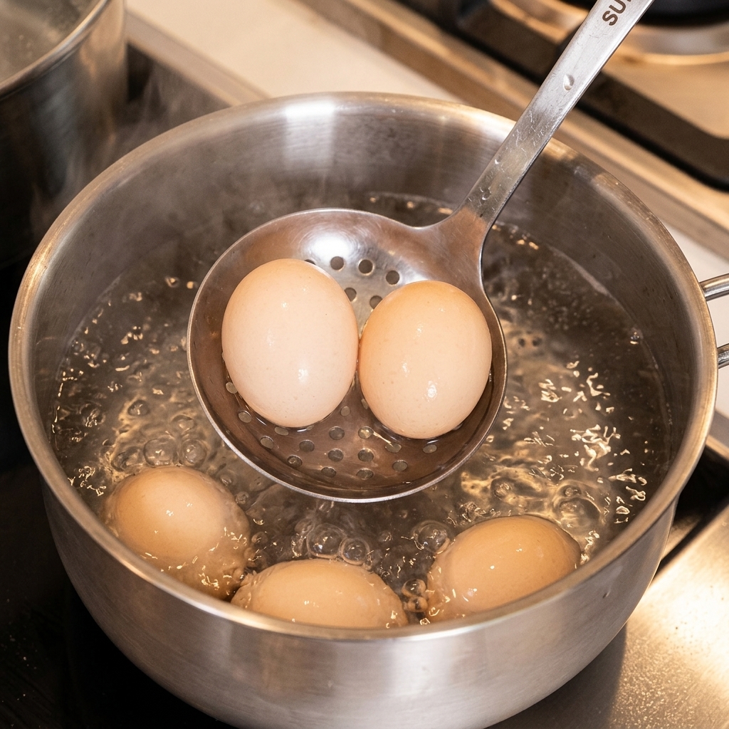 A slotted spoon lifting hot boiled eggs out of bubbling hot water.