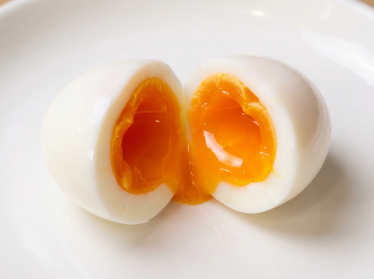 A perfectly cooked soft-boiled egg sliced in half, showing a bright, runny orange yolk inside.