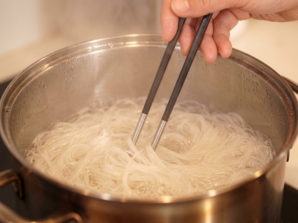 A hand using chopsticks to stir thin white somen noodles cooking in a pot of boiling water.