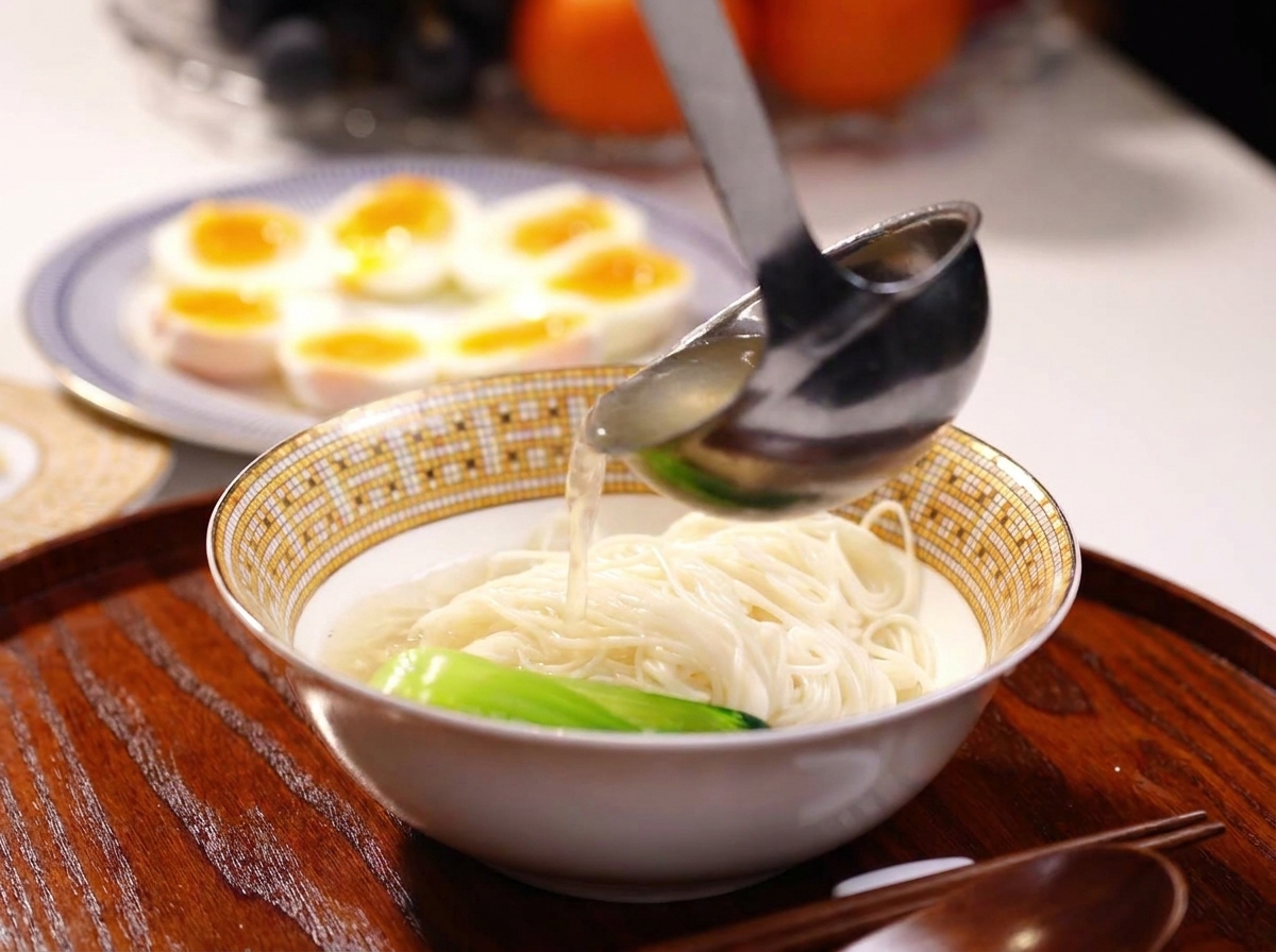 A metal ladle pouring steaming clear chicken broth over noodles and bok choy in a patterned serving bowl.
