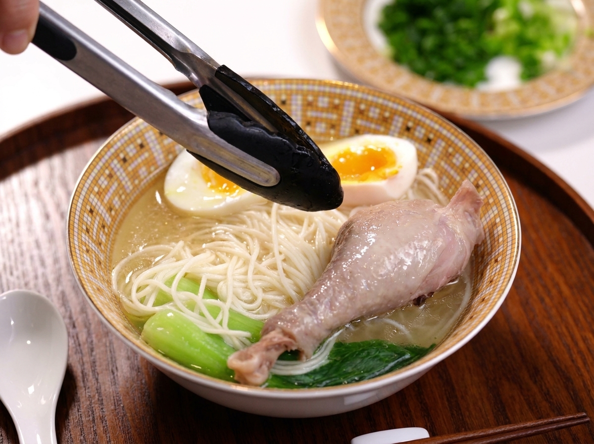 Tongs placing a cooked chicken leg into a bowl of chicken noodle soup with bok choy and a soft-boiled egg.