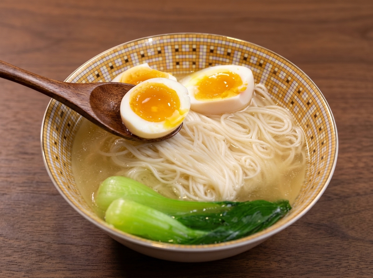 A wooden spoon holding a halved soft-boiled egg with a bright, runny yolk resting just above a bowl of chicken noodle soup with bok choy.