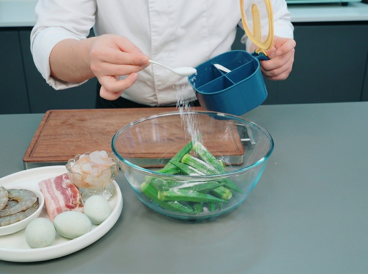 A chef adding a spoonful of white salt into a clear glass bowl filled with fresh green okra.