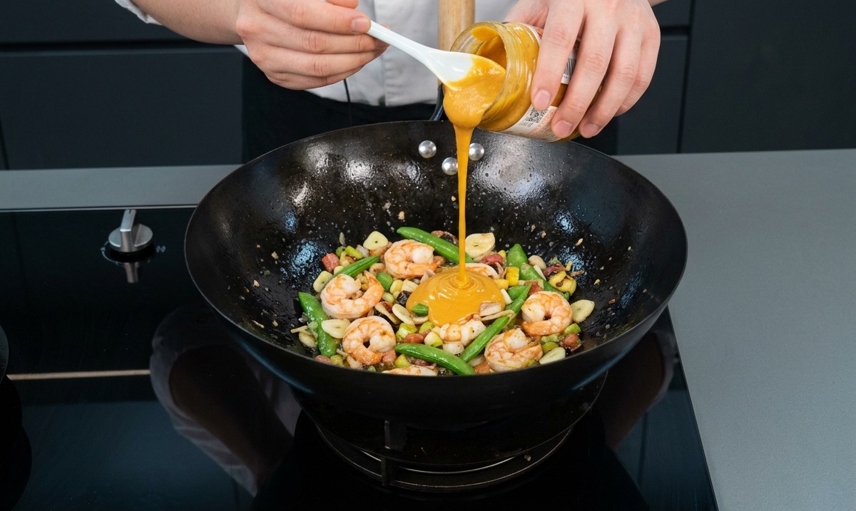 Golden bubbling broth being ladled around a vibrant green okra and mashed potato dome inside a dark serving bowl.