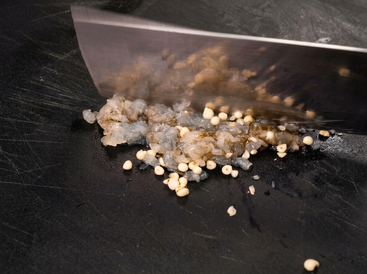 Raw shrimp meat and okra seeds being minced together with a wide cleaver on a dark cutting board.