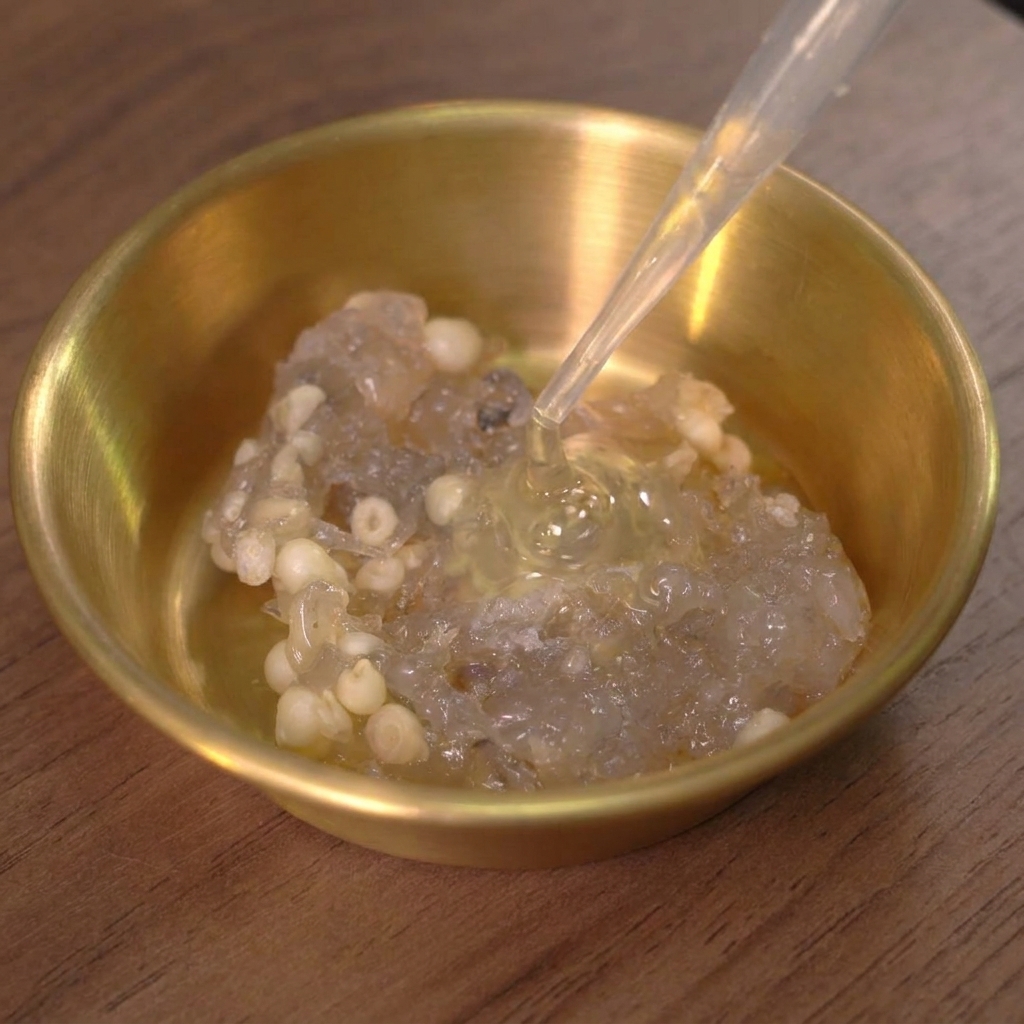Clear liquid egg white being poured over minced shrimp and okra seeds in a small golden bowl.
