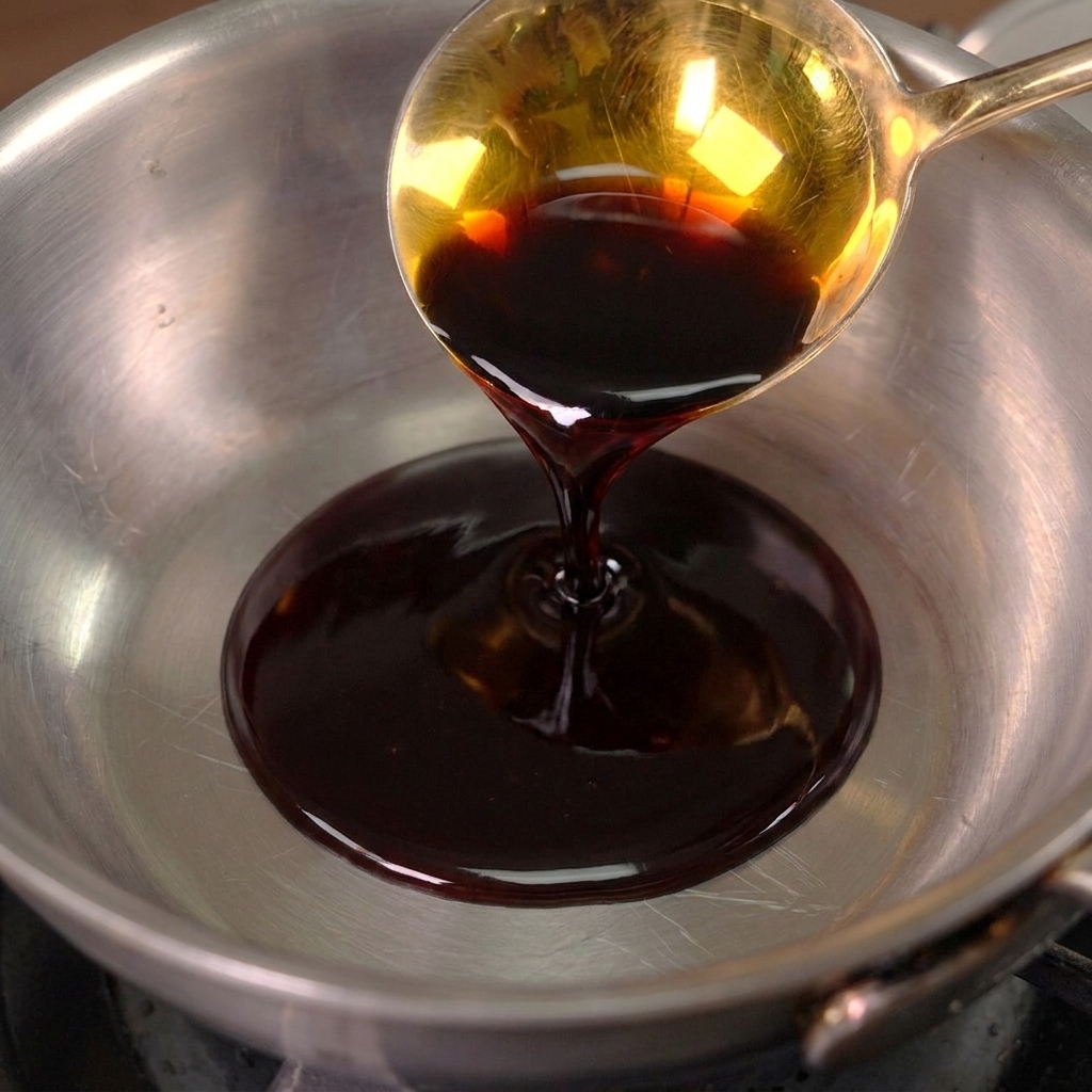 Dark soy sauce and oyster sauce being poured from a golden ladle into an empty stainless steel saucepan.