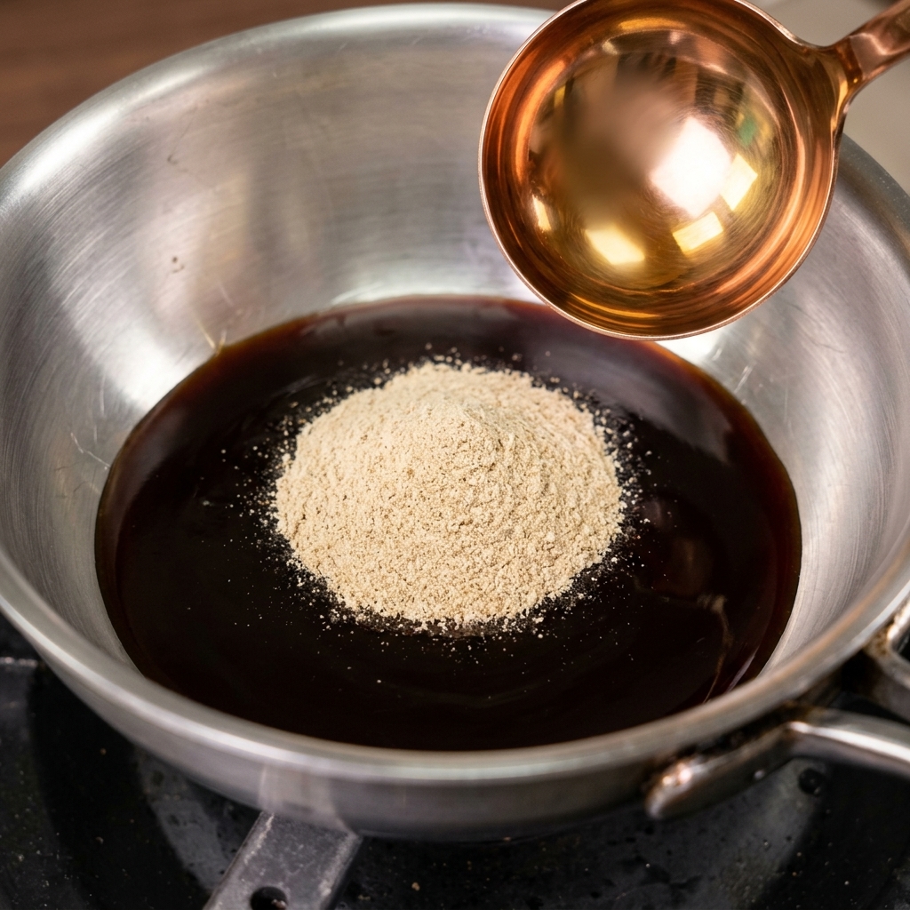 A small mound of five-spice powder and sugar sitting in a pool of dark soy sauce inside a metal pan.