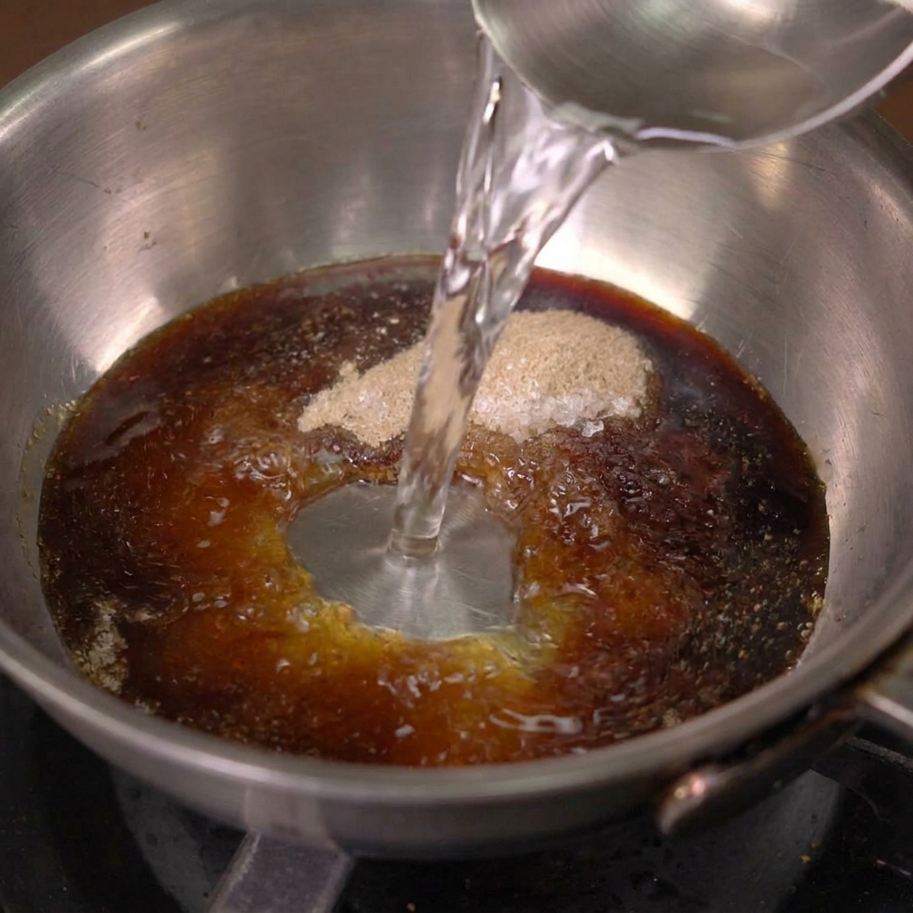 Clear water being poured from a ladle into a saucepan containing dark soy sauce, sugar, and five-spice powder.